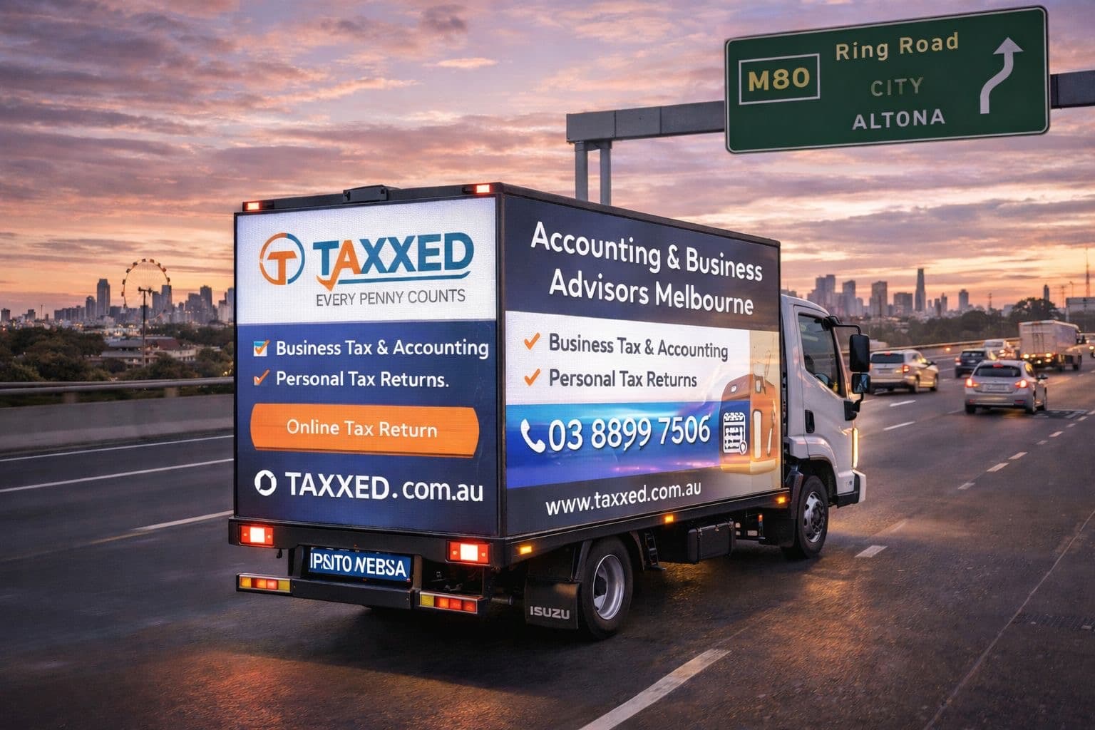 A Brevo Media LED billboard truck running a Taxxed accounting campaign on a Melbourne freeway