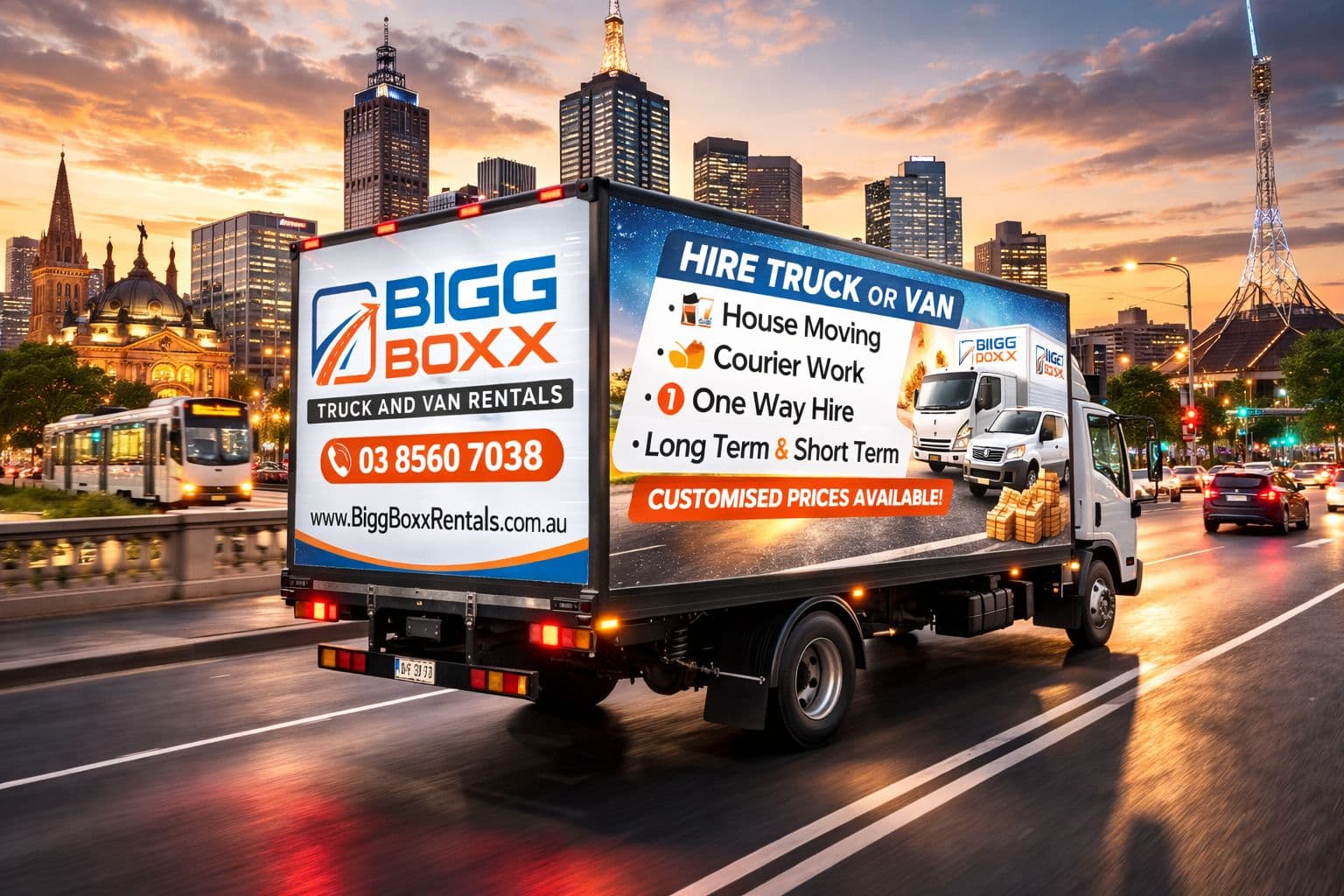 A Brevo Media LED billboard truck running a Bigg Boxx truck and van rentals campaign in Melbourne